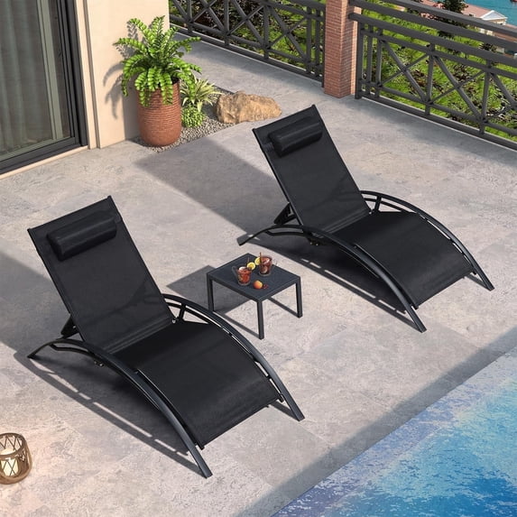 PURPLE LEAF 3 PCS Patio Oversized Chaise Lounge Chair Set with Side Table Poolside Adjustable Recliner Chairs for Outside Beach Outdoor Pool Sunbathing Tanning Loungers,Black