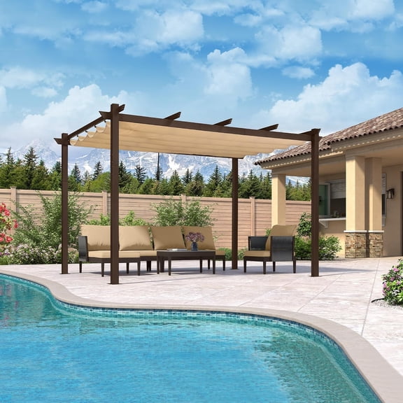 PURPLE LEAF Pergola 10' X 13' Outdoor Retractable Pergola Canopy with Sun Shade Canopy Patio Metal Shelter Gazebo for Garden Porch Beach, Beige