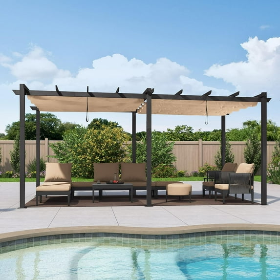 PURPLE LEAF Pergola 10' x 18' Outdoor Retractable Pergola Pavilion Grape Trellis Patio Pergola with Sun Shade Canopy, Beige