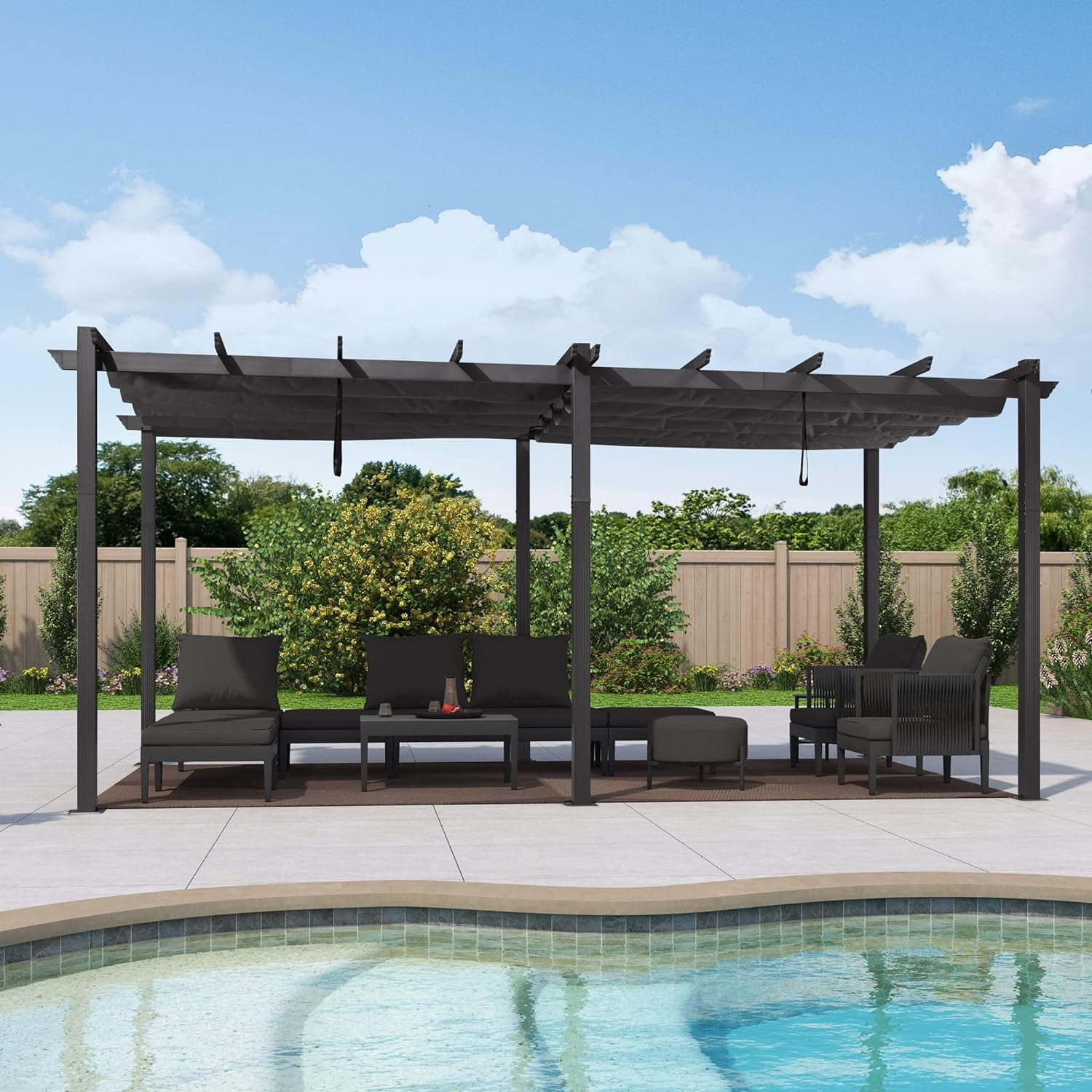 Gray Aluminum Pergola with Retractable Canopy, 10' x 18'