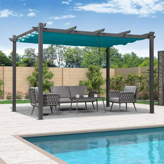 PURPLE LEAF Pergola 11' X 13' Outdoor Retractable Pergola with Sun Shade Canopy Patio Metal Grape Trellis Pergola Grill Shelter Pergola for Porch Garden Yard, Turquoise Blue