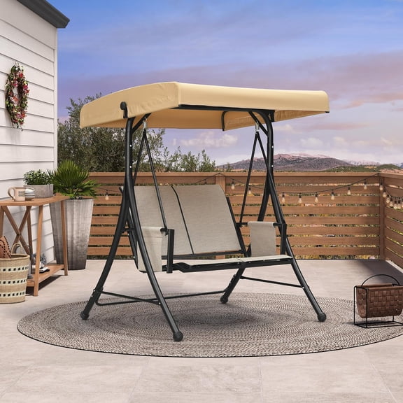 PURPLE LEAF Porch Swing with Adjustable Tilt Canopy 2-Seat Patio Swing with Stand and Meatl Steel Frame All-Weather Outdoor Swing Chair Seat for Backyard Garden Deck Balcony, Silver Grey