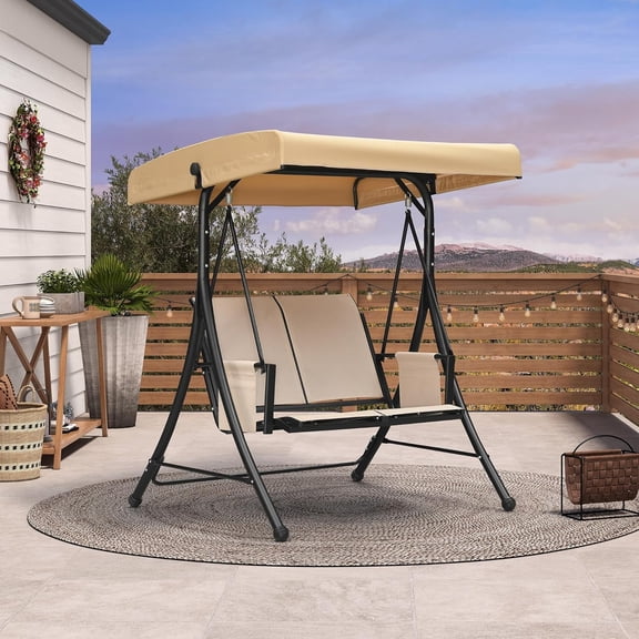 PURPLE LEAF Porch Swing with Adjustable Tilt Canopy 2-Seat Patio Swing with Stand and Meatl Steel Frame All-Weather Outdoor Swing Chair Seat for Backyard Garden Deck Balcony, Cream
