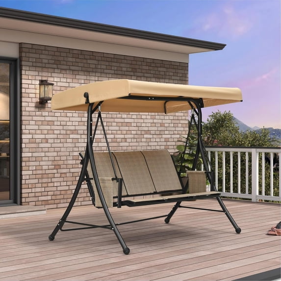 PURPLE LEAF Porch Swing with Adjustable Tilt Canopy 3-Seat Patio Swing with Stand and Meatl Steel Frame All-Weather Outdoor Swing Chair Seat for Backyard Garden Deck Balcony, Khaki
