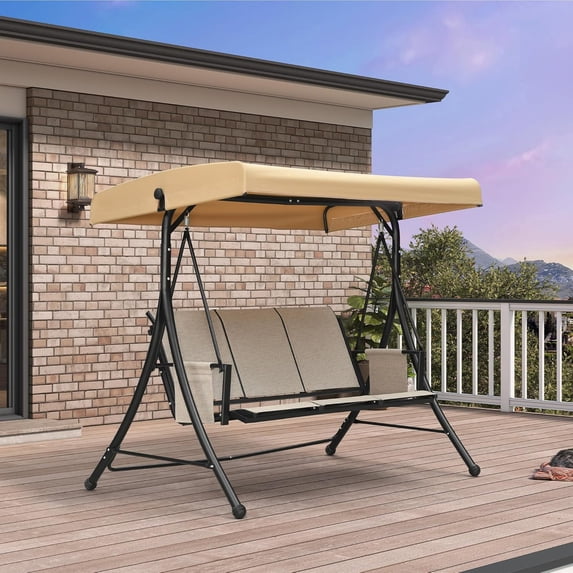PURPLE LEAF Porch Swing with Adjustable Tilt Canopy 3-Seat Patio Swing with Stand and Meatl Steel Frame All-Weather Outdoor Swing Chair Seat for Backyard Garden Deck Balcony, Silver Grey