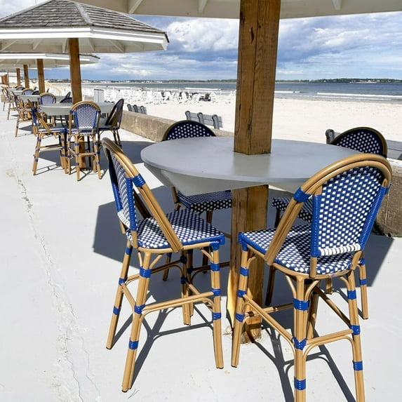 PURPLE LEAF Set of 2 French Outdoor Bar Stool Bamboo Print Finish Back Rattan Wicker Patio Outdoor Counter Height Bar Stools with Footrest, Royal Blue