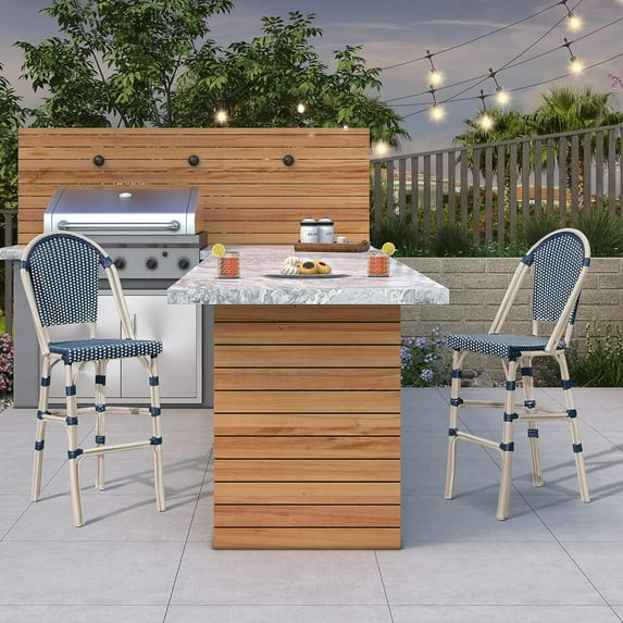 PURPLE LEAF Set of 2 French Outdoor Bar Height Bar Stool White Print Finish Back Rattan Patio Outdoor Bar Height Bar Chairs, Royal Blue