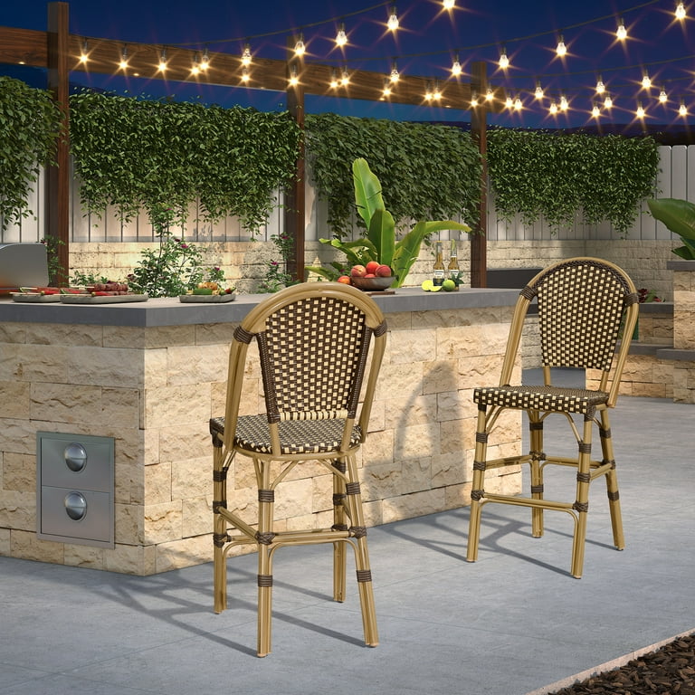 PURPLE LEAF Set of French Outdoor Bar Stool Bamboo Print Finish