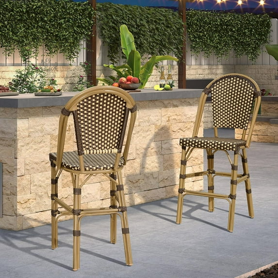 PURPLE LEAF Set of 2 French Outdoor Bar Stool Bamboo Print Finish Back Rattan Wicker Patio Outdoor Counter Height Bar Stools with Footrest, Brown
