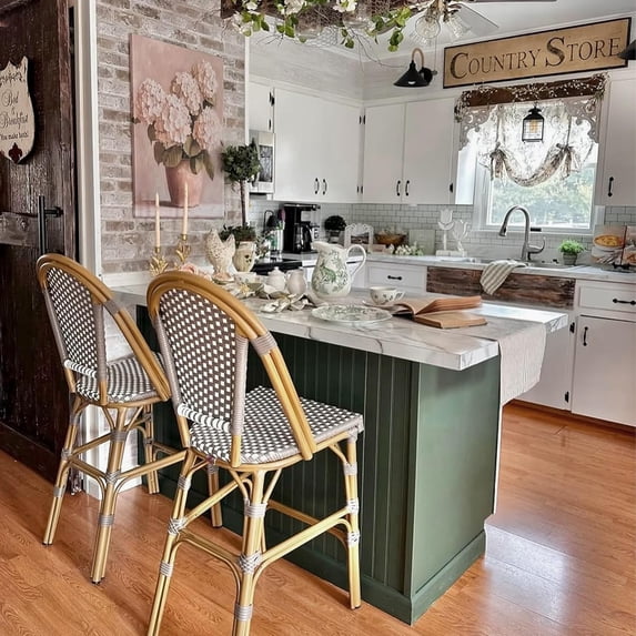 PURPLE LEAF Set of 2 French Outdoor Bar Stool Bamboo Print Finish Back Rattan Wicker Patio Outdoor Counter Height Bar Stools with Footrest, Grey