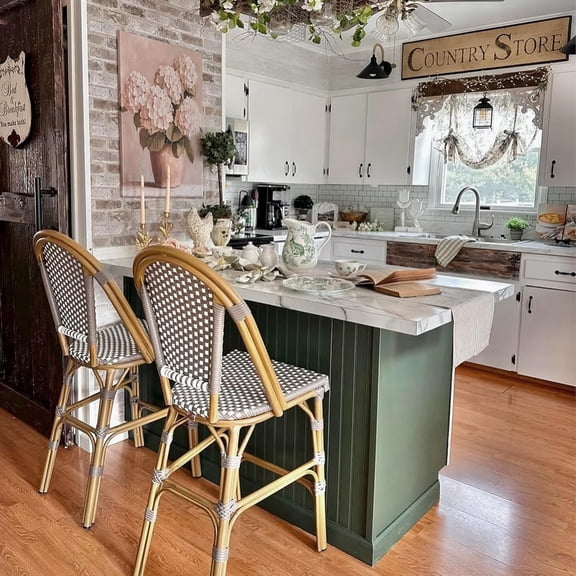 PURPLE LEAF Set of 2 French Outdoor Bar Stool Bamboo Print Finish Back Rattan Wicker Patio Outdoor Counter Height Bar Stools with Footrest, Grey