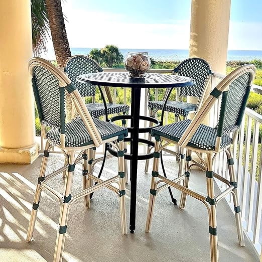 PURPLE LEAF Set of 2 French Outdoor Counter Height Bar Stool White Print Finish Back Rattan Patio Outdoor Counter Height Bar Chairs, Light Blue