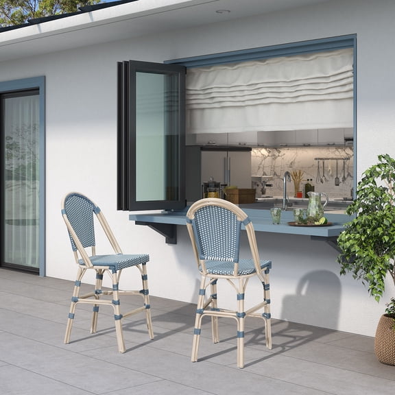 PURPLE LEAF Set of 2 French Outdoor Counter Height Bar Stool White Print Finish Back Rattan Patio Outdoor Counter Height Bar Chairs, Light Blue