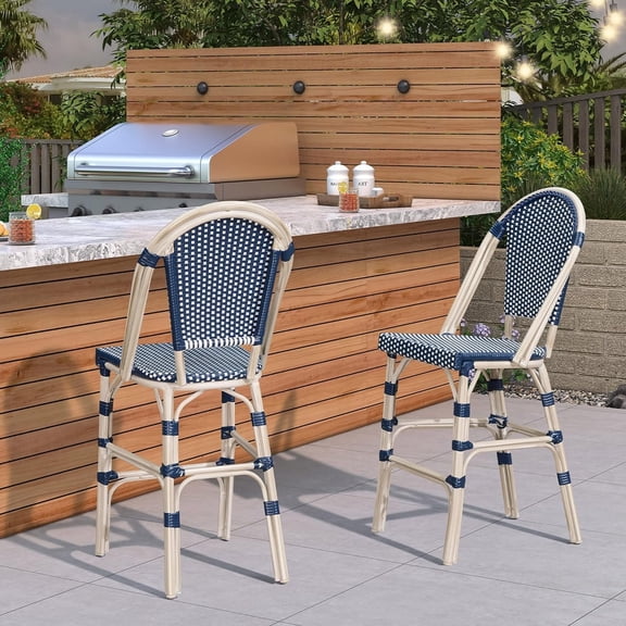 PURPLE LEAF Set of 2 French Outdoor Counter Height Bar Stool White Print Finish Back Rattan Patio Outdoor Counter Height Bar Chairs, Royal Blue