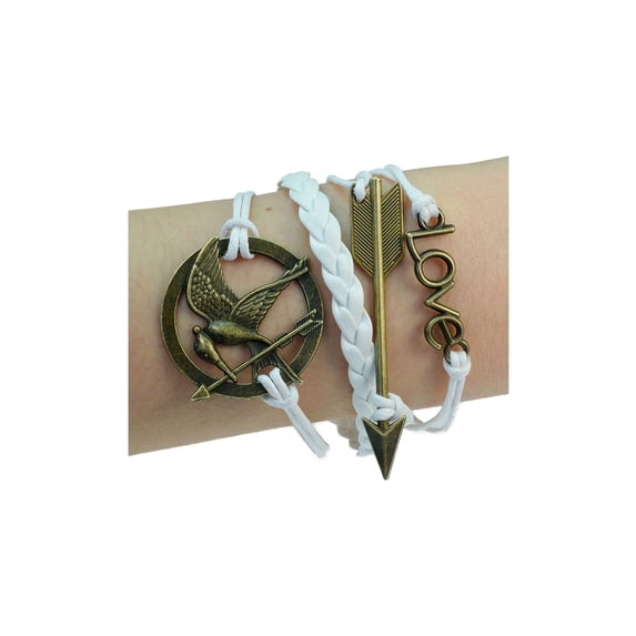 PURPLE WHALE Mockingjay Bird, Arrow, Love, Bronze Bracelet, Braided Rope, Leather, Fashion Wrist Ornament, 7 - 8 Inches Long
