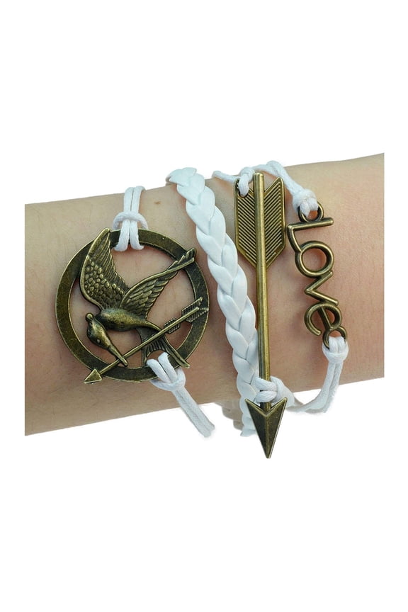 Mockingjay Bird, Arrow, Love, Bronze Bracelet, Braided Rope, Leather, Fashion Wrist Ornament, 7 - 8 Inches Long