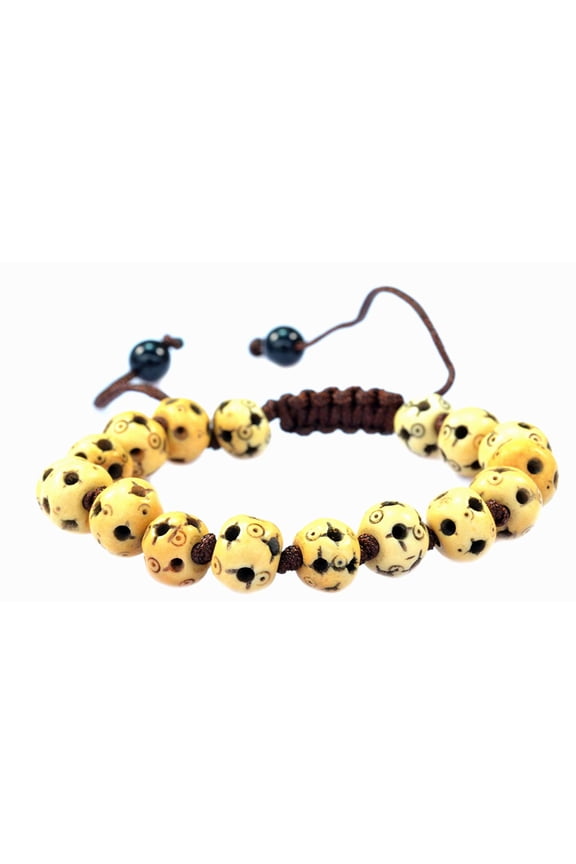 Ox Bone Carved Round Beads Tibet Buddhist Prayer Bracelet Mala Adjustable Macrame Style- 91052