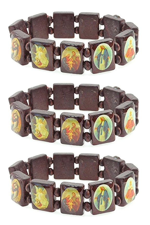 nisex Religious Wooden Bracelet, Assorted Images Saints, Jesus, Angels Rosary, Stretchable Adjustable Bracelet, Catholic Jewelry Gift, Brown, 3 Piece