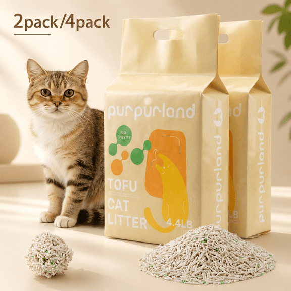 PURPURLAND Tofu Cat Litter -8.8/17.6LBS (2/4Packs) Corn Starch Blend, Flushable & Dust-Free, Quick Clumping, Superior Odor Control, Unscented, Low Tracking Pellets, Lightweight