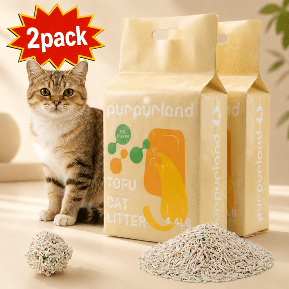 PURPURLAND Tofu Cat Litter -8.8LBS (2Packs) Corn Starch Blend, Flushable & Dust-Free, Quick Clumping, Superior Odor Control, Unscented, Low Tracking Pellets, Lightweight