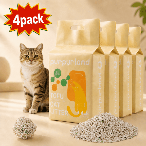 PURPURLAND Tofu Cat Litter -17.6LBS (4Packs) Corn Starch Blend, Flushable & Dust-Free, Quick Clumping, Superior Odor Control, Unscented, Low Tracking Pellets, Lightweight