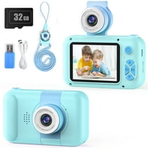 PURULU Kids Camera with 180° Flip-up Lens for Selfie & Video, HD Digital Video Cameras for Toddler with 32GB SD Card, Ideal for 3-8 Years Old Boys on Birthday Christmas Party as Gift, Blue