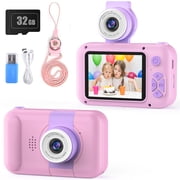 PURULU Kids Camera 180° Flip-up Lens 3 Megapixels, Digital Camera with 32GB SD Card, Pink