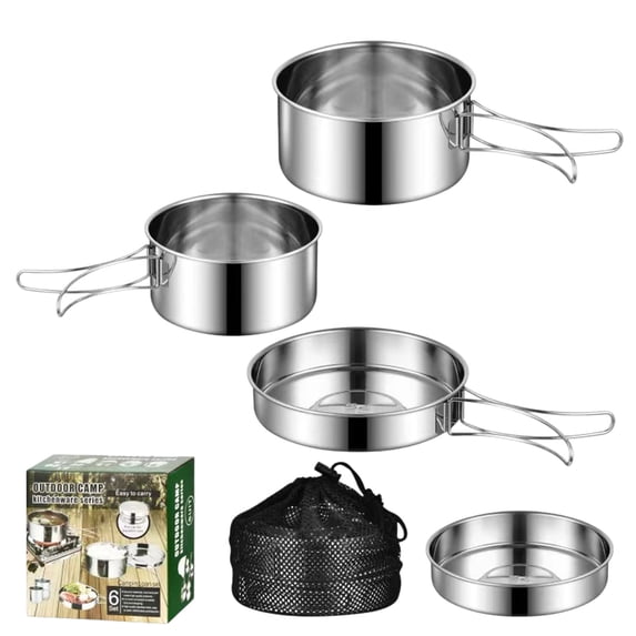 PUSPU 304 Stainless Steel Outdoor Cookware Set, 5 Pcs S-SILVER Camping Cooking Pots 14.8x14.8x7 cm, Stackable Portable Cookware for Camping Picnic Mountaineering with Storage Bag