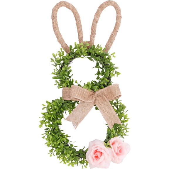 PUSPU Easter Bunny Wreath Spring Bunny Shaped Artificial Flower with Greenery Bow Knot for Front Door Summer Farmhouse Holiday Wall Home Window Decor