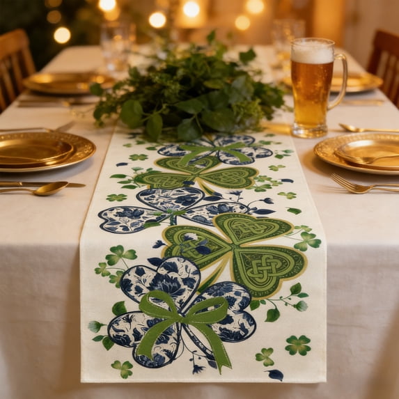 PUSPU St. Patrick's Day Table Runner, Green Shamrock Dining Table Decor for Home Party Kitchen