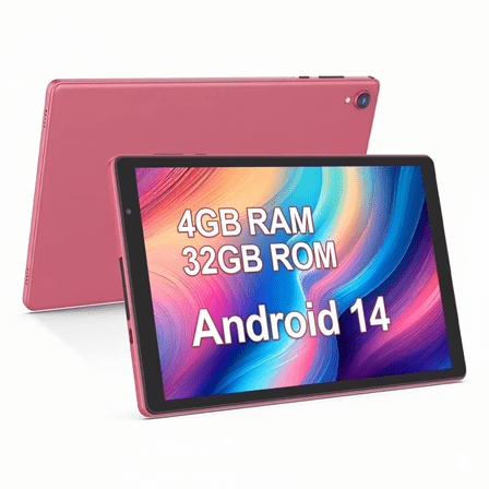 PUTECCH Tablet 10 inch, Android 14 Tablet, 32GB ROM 1TB Expand Computer Tablets, Quad Core Processor 6000mAh Battery, 1280x800 IPS Touch Screen, 2+2MP Dual HD Camera, Bluetooth Wifi Tablet PC，Pink