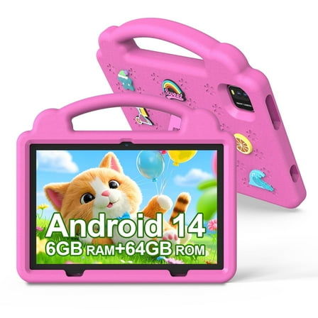 PUTECCH 10 inch Kid Tablet, Android 14, Quad Core CPU 5GWifi+Wifi6, 6GB RAM+64GB ROM, 6000mAh, Tablet Case, Pink