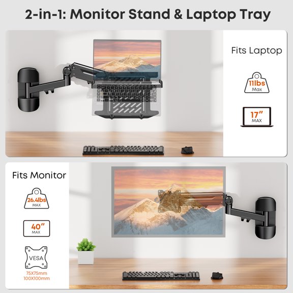 PUTORSEN Laptop Wall Mount for 10-17" Notebook & 17-40" Monitor, 2-in-1 Space Saver, Full Motion Adjustable, Holds 2.2-26.4 lbs