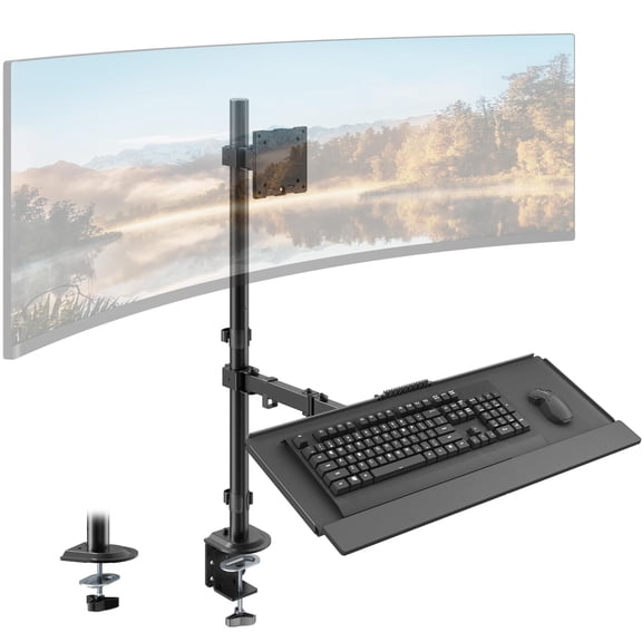 PUTORSEN 49''Monitor Arm with Keyboard Tray, Sit Stand Monitor Desk Mount, 44 lbs Monitor& 19.8 lbs Tray Capacity, C-Clamp & Grommet Mount