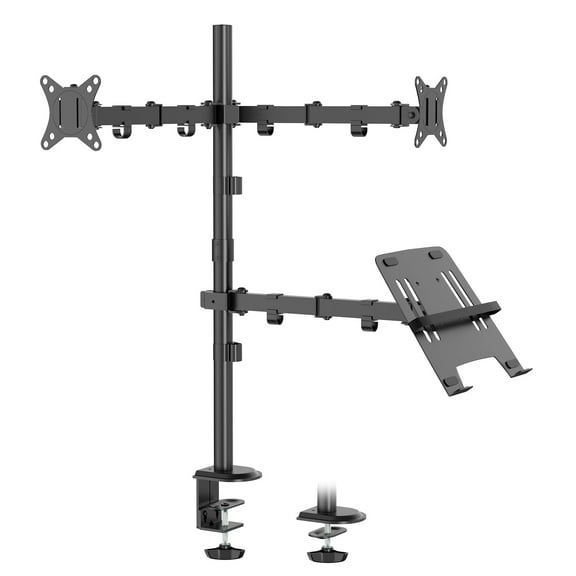 PUTORSEN Dual Monitor Stand and Laptop Mount Fit Two 17 to 32 Inch Monitor and 10 to 15 Inch Laptop,Extra Tall Adjustable Stand,19.8 lbs Weight Capacity per Arm,Black