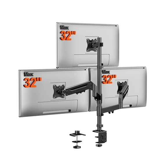 PUTORSEN Triple Monitor Mount for up to 32-inch Screens, Heavy Duty 3 Monitor Desk Mount with Gas Spring Arms, Fully Adjustable Tilt Swivel Rotation, Holds 19.8 lbs per Arm
