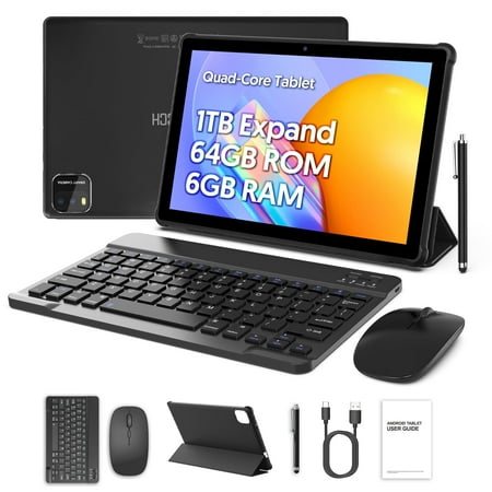PUTTECH 10 inch Tablet Android 14 Tablets, Quad-Core Tablet PC, 6GB RAM, 64GB ROM, 1TB Expand, 6000mAh, 1280x800 HD Touch Screen, 2MP+8MP, Wifi, Dual Camera - Black
