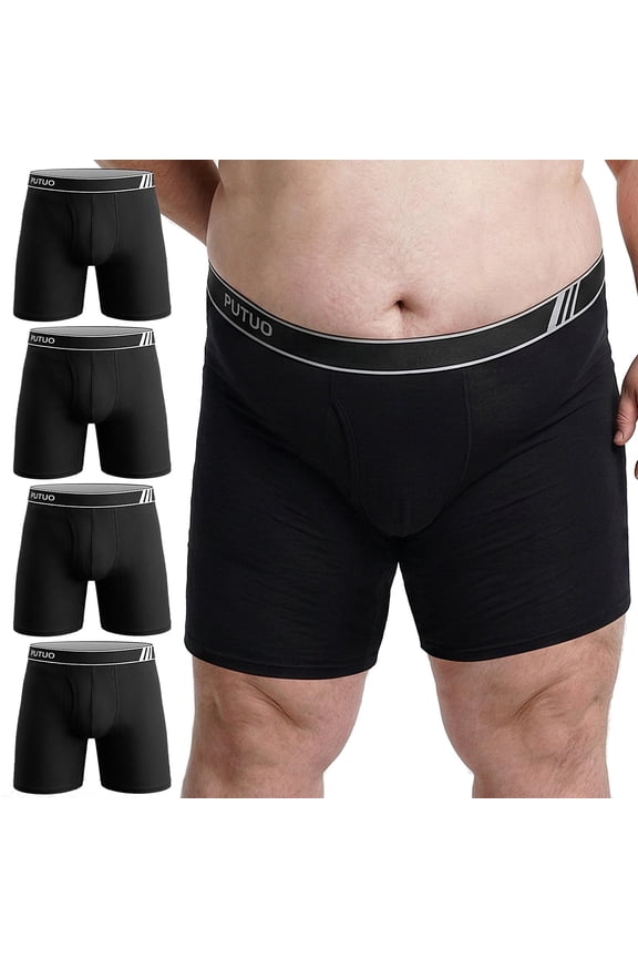 Big and Tall Mens Underwear, PUTUO Mens Boxer Briefs, Comfort Cotton Stretch Classic Design, Length Moisture Wicking Underwear 5-Pack, Black