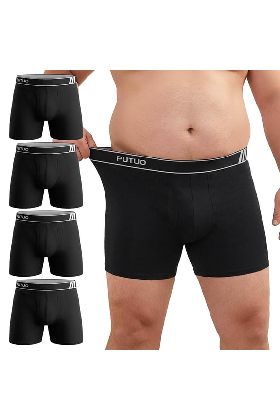 Big and Tall Mens Underwear, PUTUO Mens Boxer Briefs, Comfort Cotton Stretch Classic Design, Length Moisture Wicking Underwear 5-Pack, Black