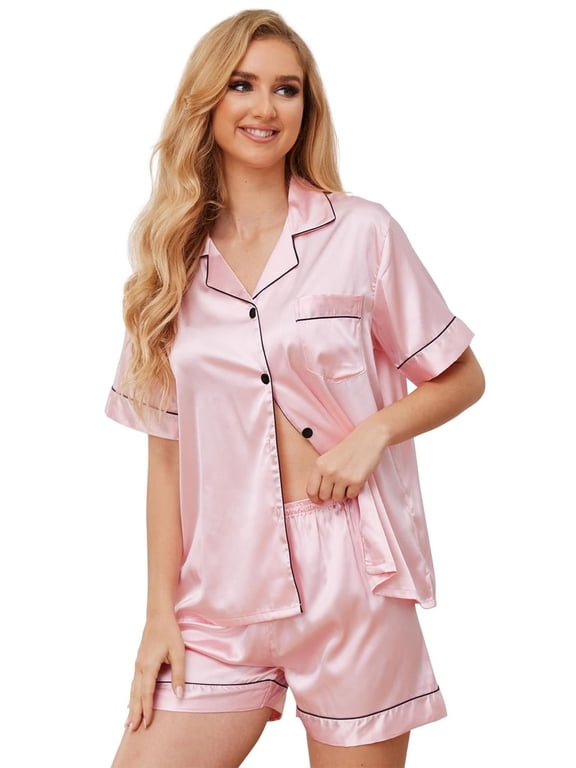 Women's Soft Short Sleeve Button Down Pajama Set, Pink (2)