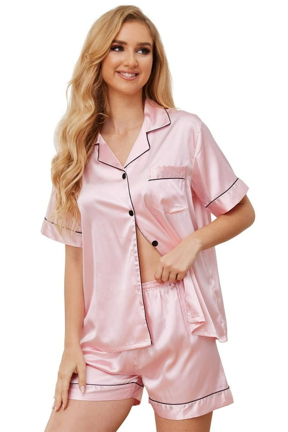 Women's Soft Short Sleeve Button Down Pajama Set, Pink (2)