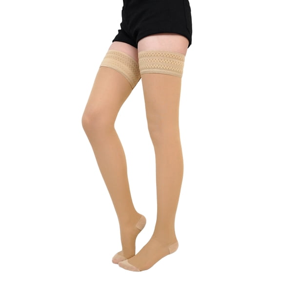 Compression Stockings for Women, PUTUO 200D Closed Toe Thigh High 15-21 mmHg Compression Socks with Silicone Grip Semi-Transparent, Graduated Support Hoses for Varicose Veins Edema DVT Flight, Beige