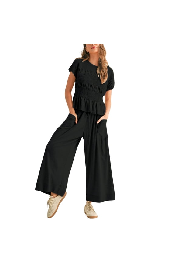 Women's 2 Piece Smocked Top & High Waisted Wide Leg Pants Set Boho Matching Set Lounge Outfit with Pockets