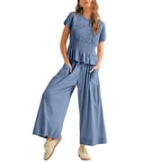 PUWEI Womens 2 Piece Smocked Top & High Waisted Wide Leg Pants Set Boho Matching Set Lounge Outfit with Pockets