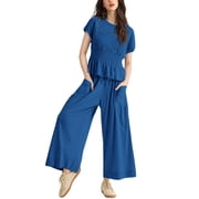 PUWEI Womens 2 Piece Smocked Top & High Waisted Wide Leg Pants Set Boho Matching Set Lounge Outfit with Pockets