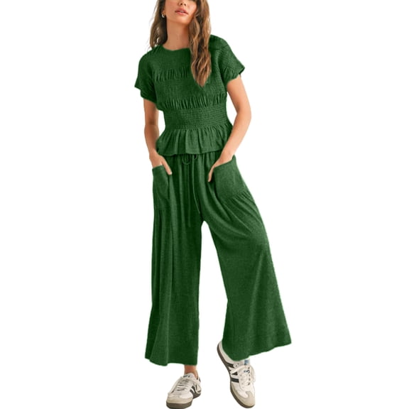 PUWEI Women's 2 Piece Smocked Top & High Waisted Wide Leg Pants Set Boho Matching Set Lounge Outfit with Pockets