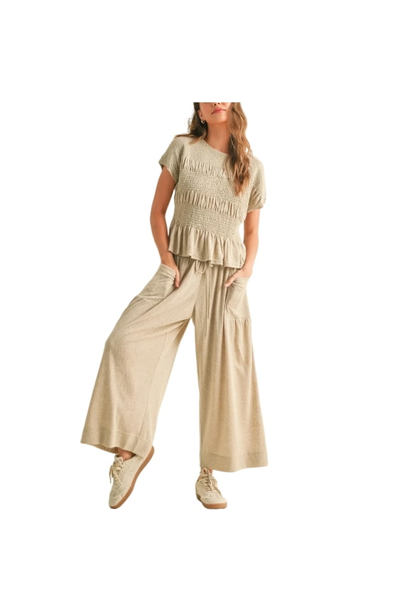Women's 2 Piece Smocked Top & High Waisted Wide Leg Pants Set Boho Matching Set Lounge Outfit with Pockets
