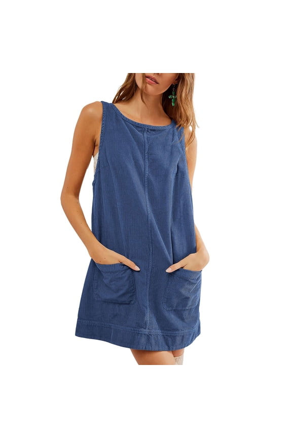 Women's Casual Corduroy Overall Dress A Line Round Neck Mini Dress with Pockets