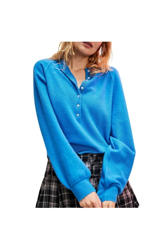 Women's Casual Crew Neck Sweater Long Sleeve Henley Shirts Button Front Knit Pullover Tops