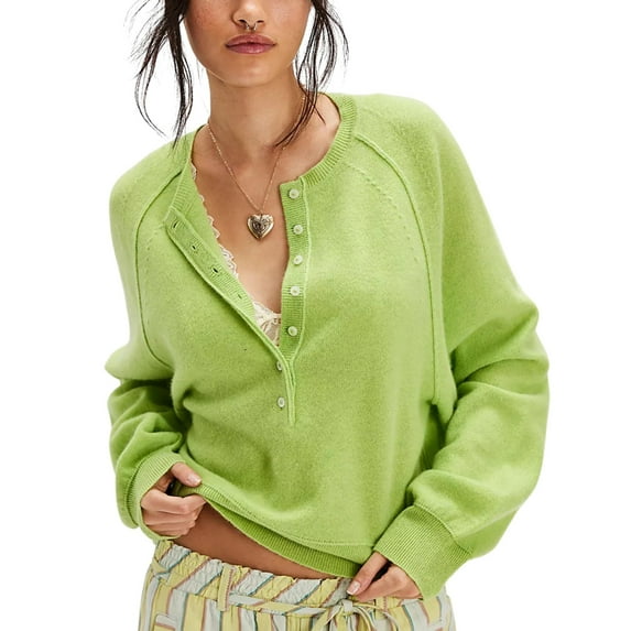 PUWEI Women's Casual Crew Neck Sweater Long Sleeve Henley Shirts Button Front Knit Pullover Tops